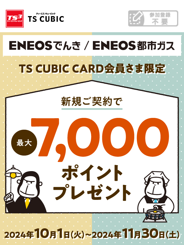 TS CUBIC CARD会員さま限定】ＥＮＥＯＳでんき／ＥＮＥＯＳ都市ガスご契約で最大7,000ポイントプレゼント！｜TS CUBIC カード